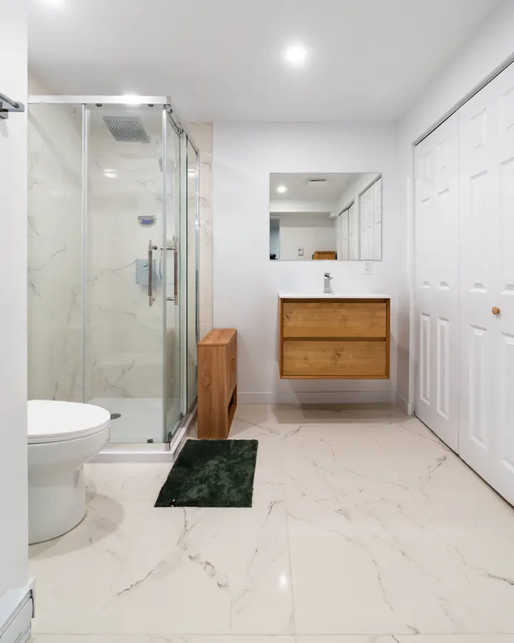 Bathroom with wood vanity