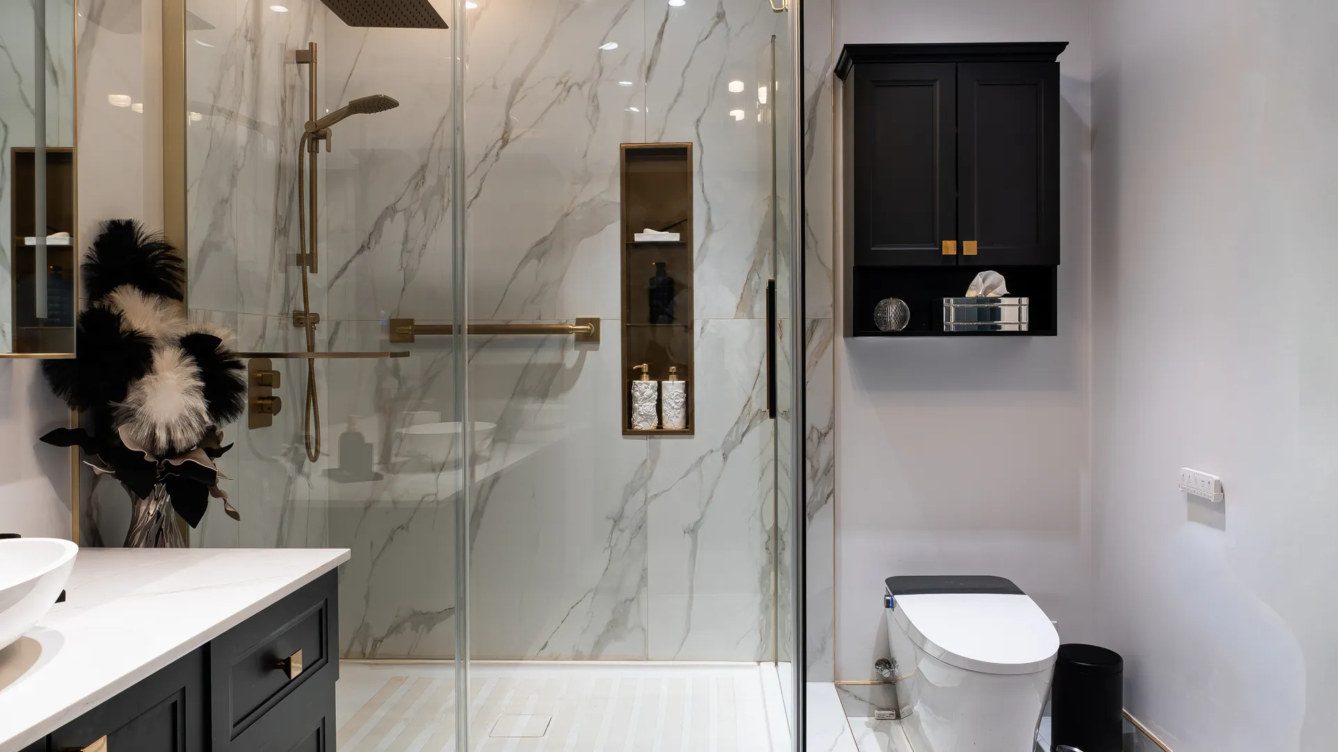 Luxury bathroom renovation — marble and brass